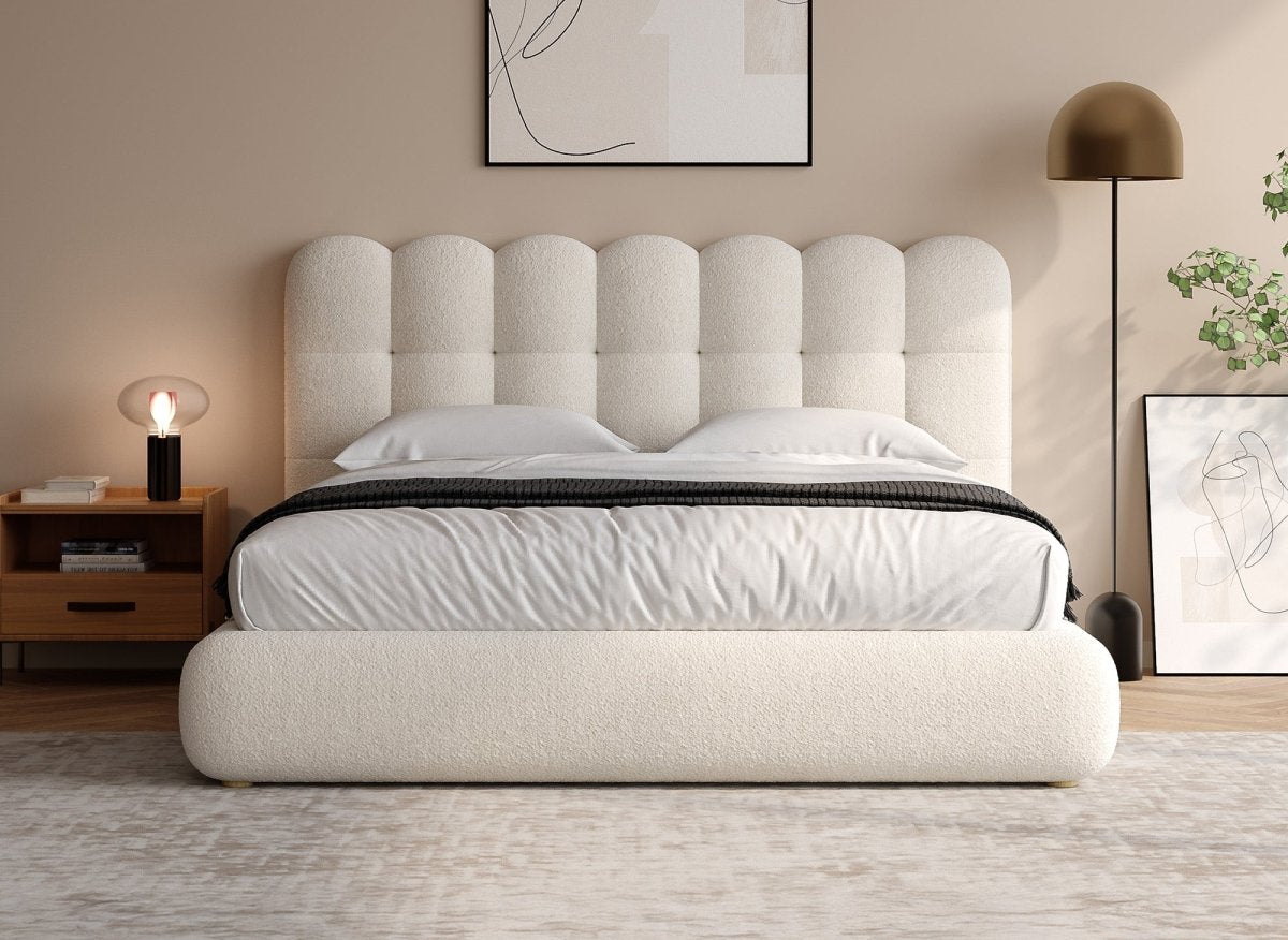 Lit double en tissu bouclette beige 180x200cm BISCUIT - DécoInParis