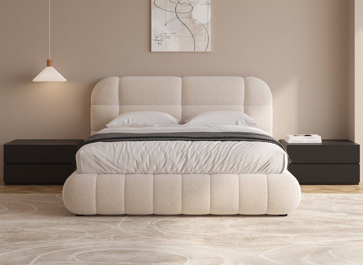 Lit double en tissu bouclette écru 160x200 cm YOURI - DécoInParis