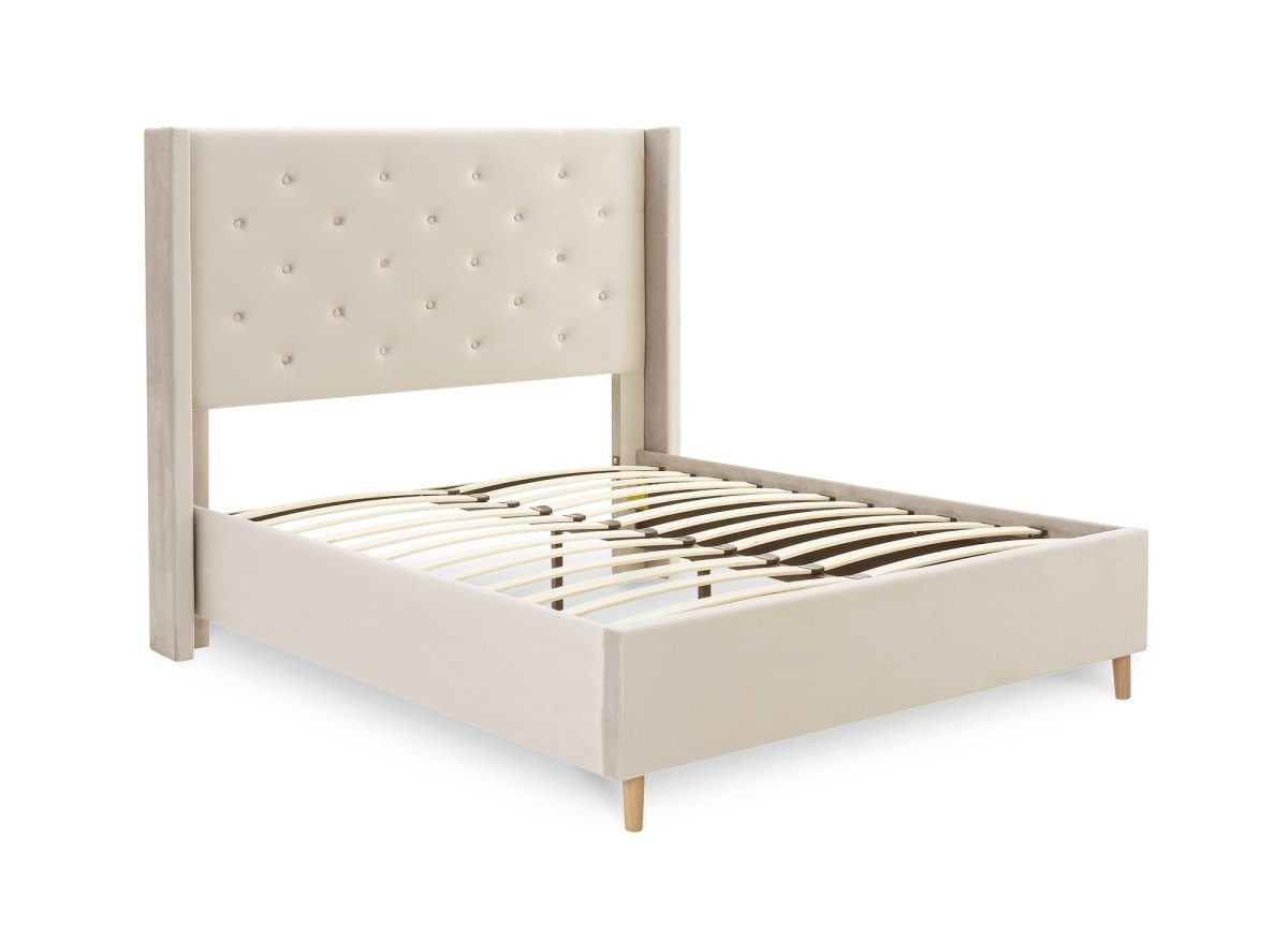 Lit double en velours capitonné beige MAREVA 140x190 cm - DécoInParis