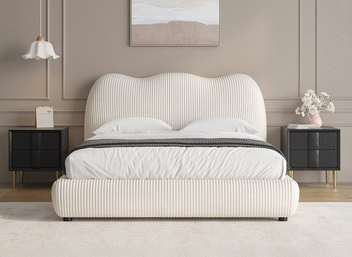 Lit double en velours côtelé épais beige 140x190cm SARA - DécoInParis