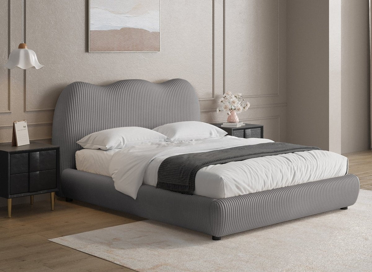 Lit double en velours côtelé épais gris 140x190cm SARA - DécoInParis