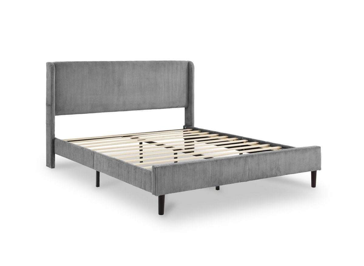 Lit double en velours côtelé épais gris clair 140x190cm LEVY - DécoInParis