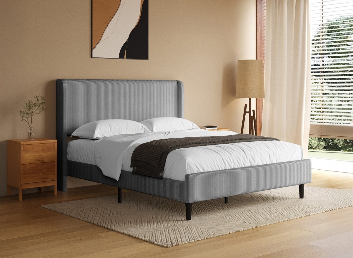 Lit double en velours côtelé épais gris clair 140x190cm LEVY - DécoInParis