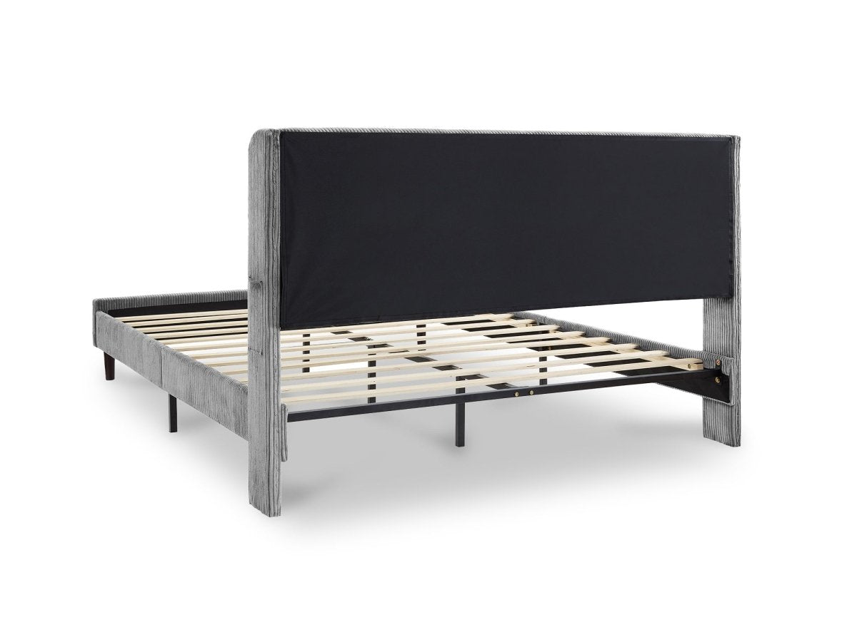 Lit double en velours côtelé épais gris clair 140x190cm LEVY - DécoInParis