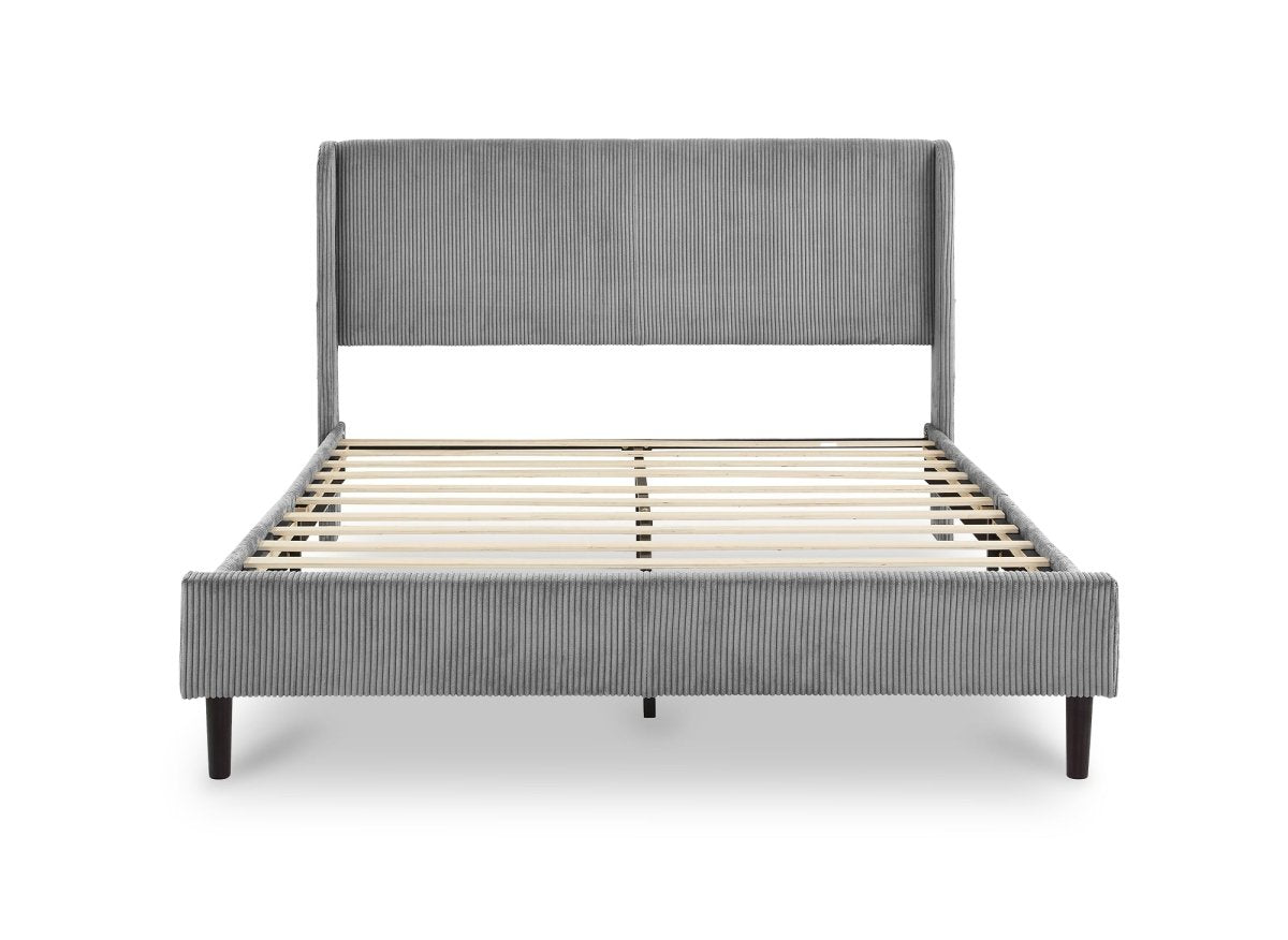 Lit double en velours côtelé épais gris clair 140x190cm LEVY - DécoInParis