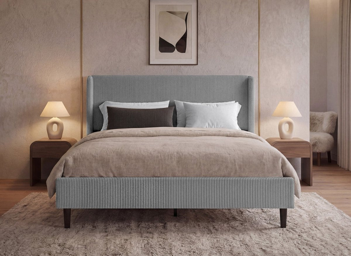 Lit double en velours côtelé épais gris clair 160x200cm LEVY - DécoInParis