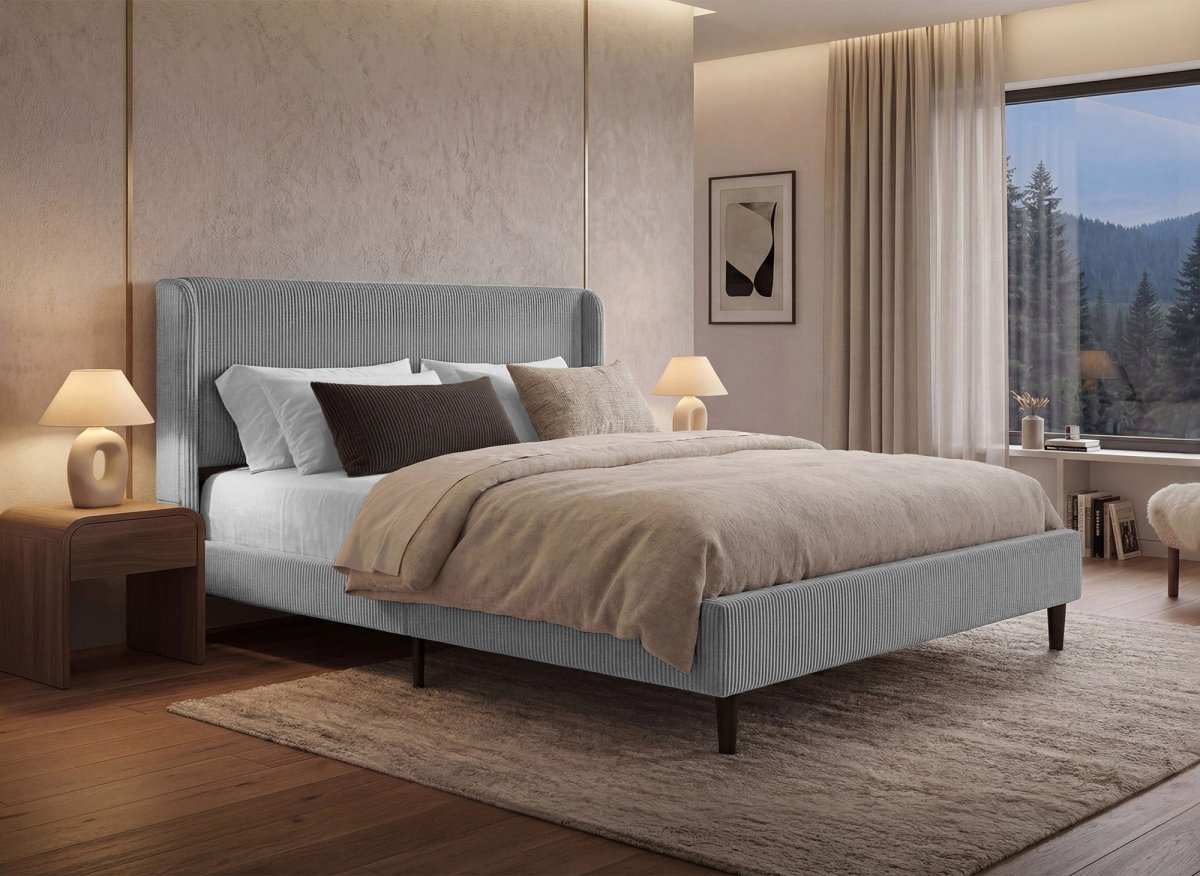 Lit double en velours côtelé épais gris clair 160x200cm LEVY - DécoInParis