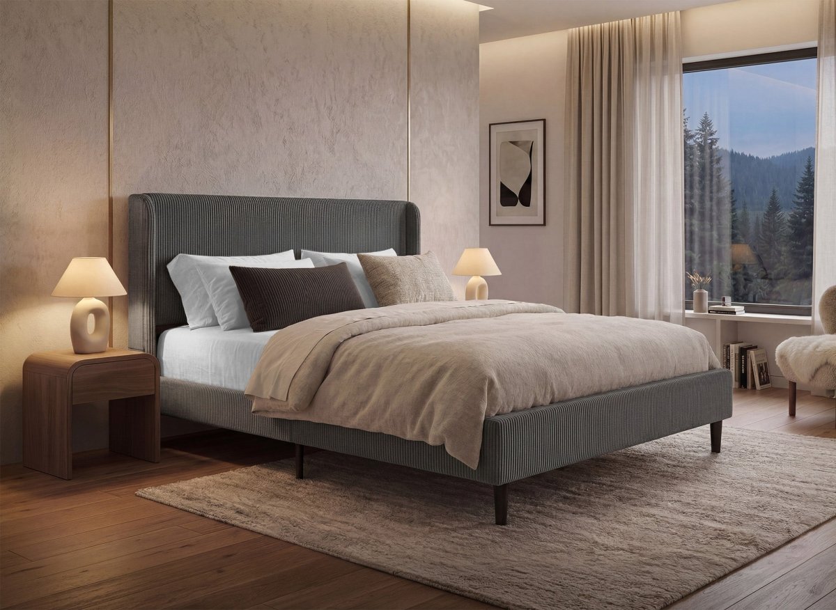 Lit double en velours côtelé épais gris foncé 140x190cm LEVY - DécoInParis