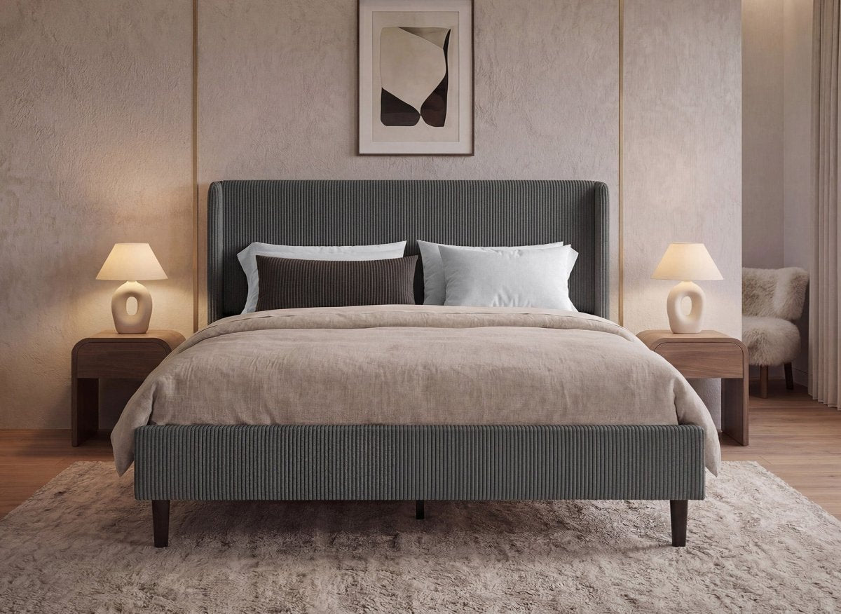 Lit double en velours côtelé épais gris foncé 160x200cm LEVY - DécoInParis