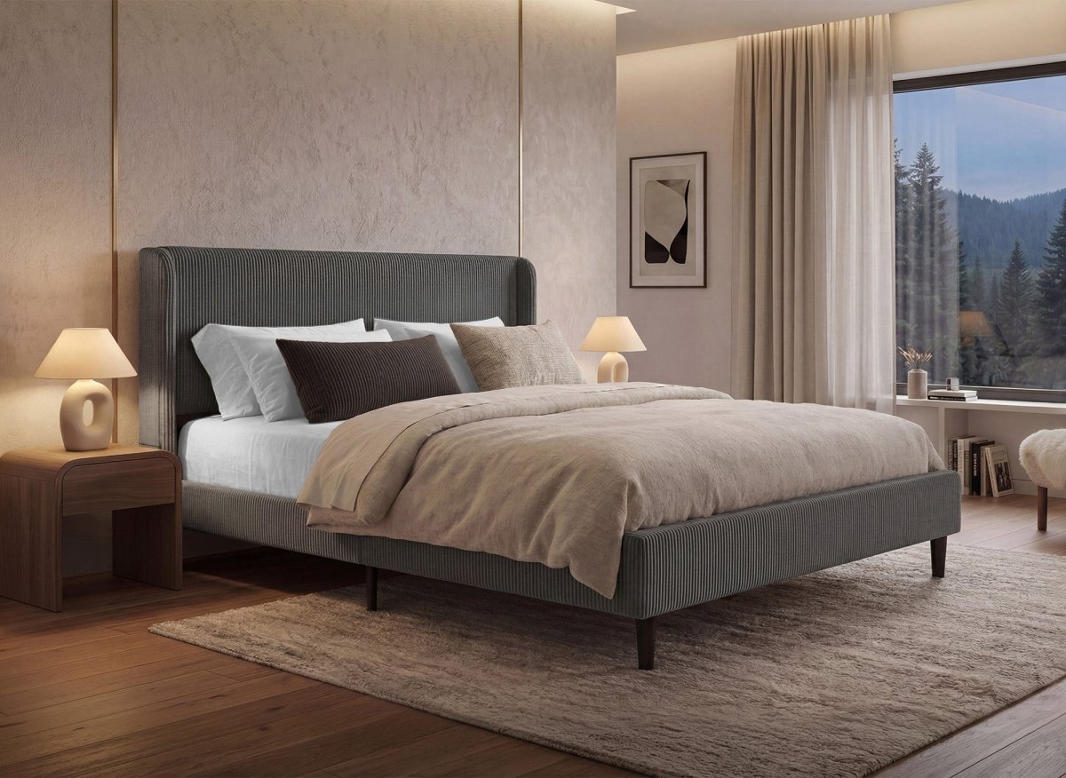 Lit double en velours côtelé épais gris foncé 160x200cm LEVY - DécoInParis