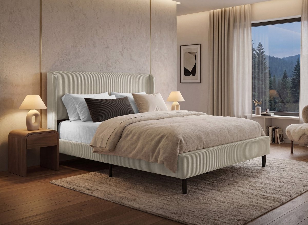 Lit double en velours côtelé épais taupe 140x190cm LEVY - DécoInParis