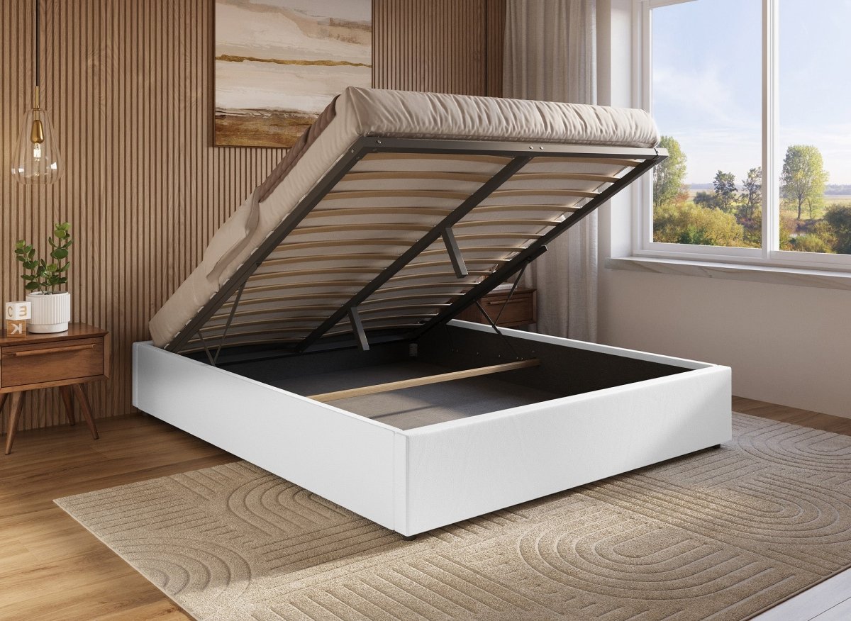 Lit sommier relevable avec coffre en simili cuir blanc 160x200 cm LIZBAN - DécoInParis