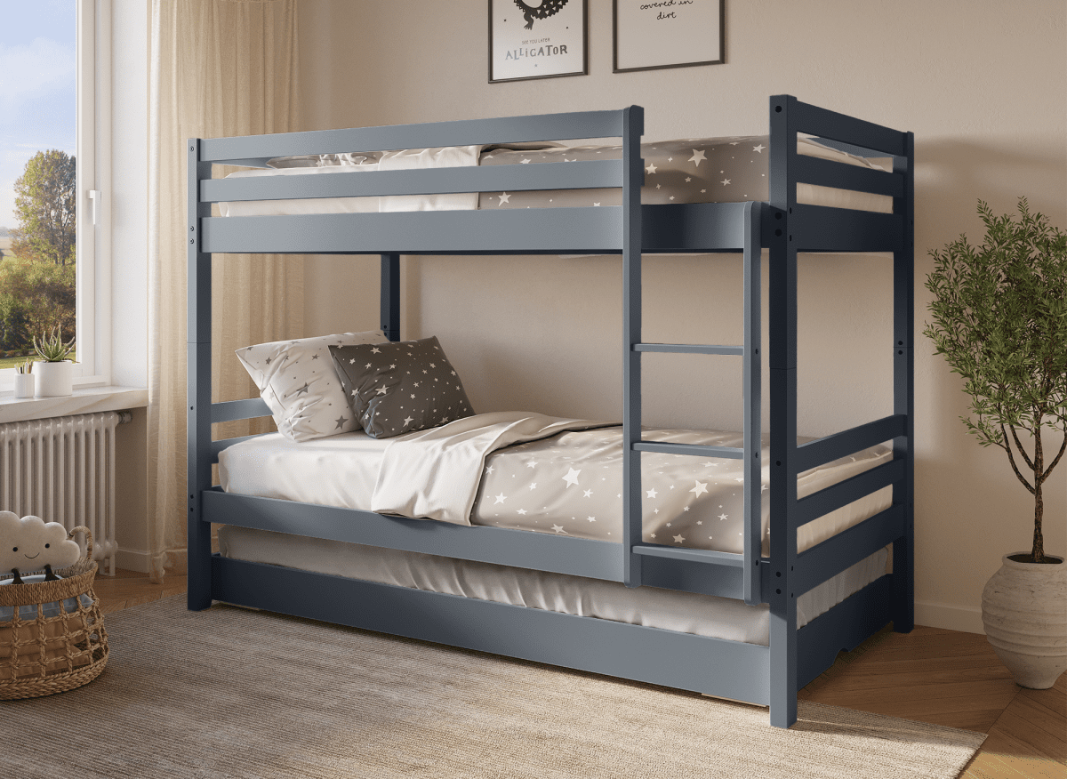 Lit superposé gigogne 3 couchages en bois gris LEOPAUL 90 x 190 cm - DécoInParis
