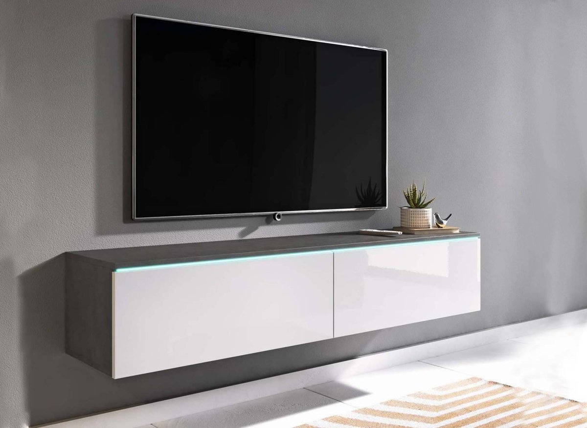 Meuble TV contemporain gris et blanc avec LED 2 portes MALORIE - 140 cm - DécoInParis