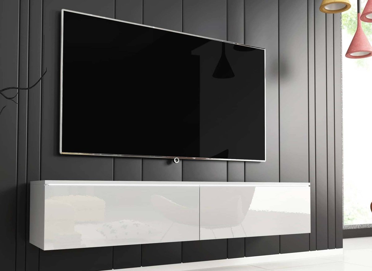 Meuble TV contemporain laqué blanc avec LED 2 portes MALORIE - 140 cm - DécoInParis