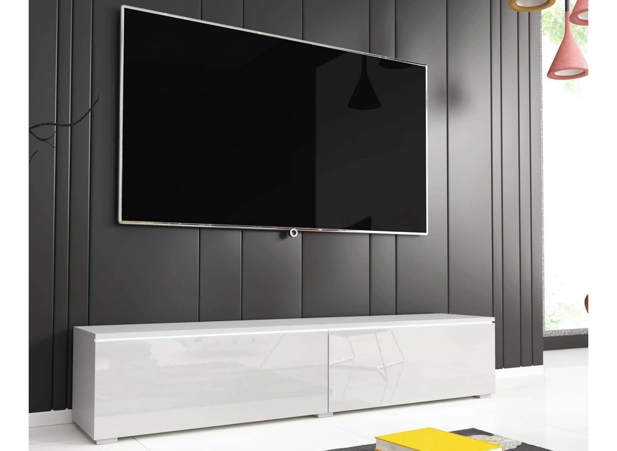 Meuble TV contemporain laqué blanc avec LED 2 portes MALORIE - 140 cm - DécoInParis