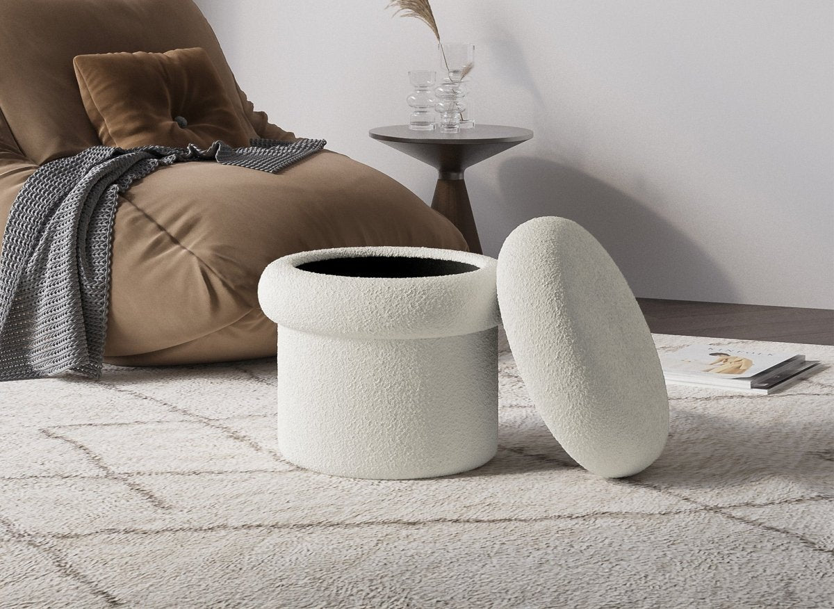 Pouf coffre en tissu bouclette écru SHERA - DécoInParis