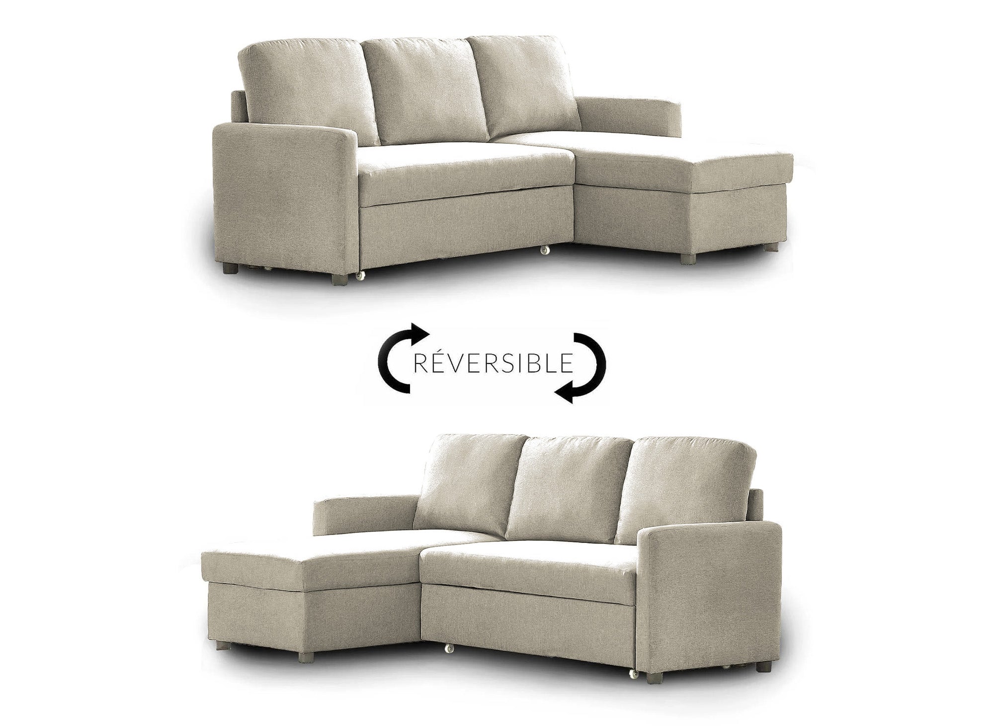 Canapé d'angle réversible convertible coffre de rangement en tissu beige ADAM