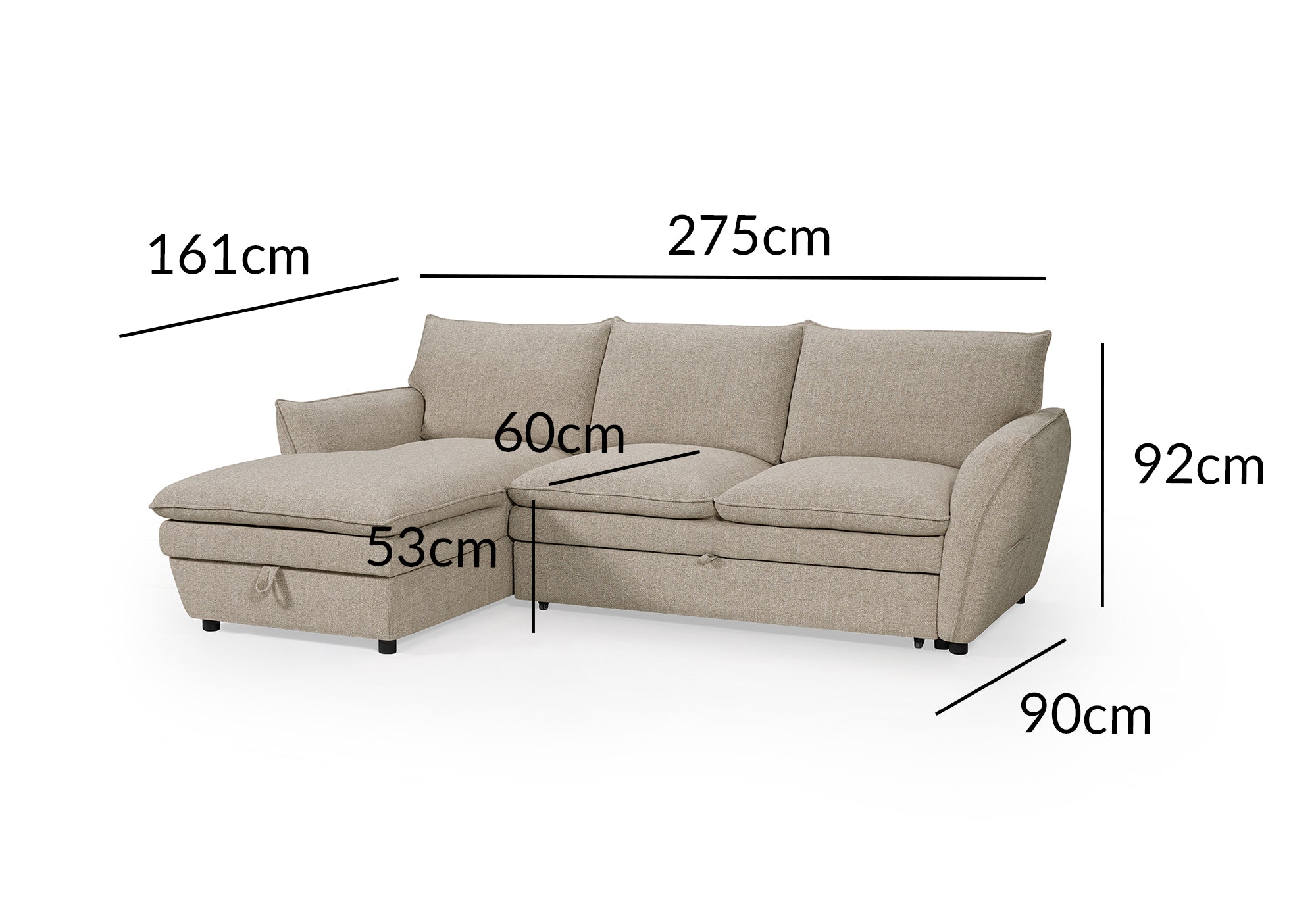 Canapé d'angle convertible avec coffre en tissu taupe CAPUCINE - Angle gauche
