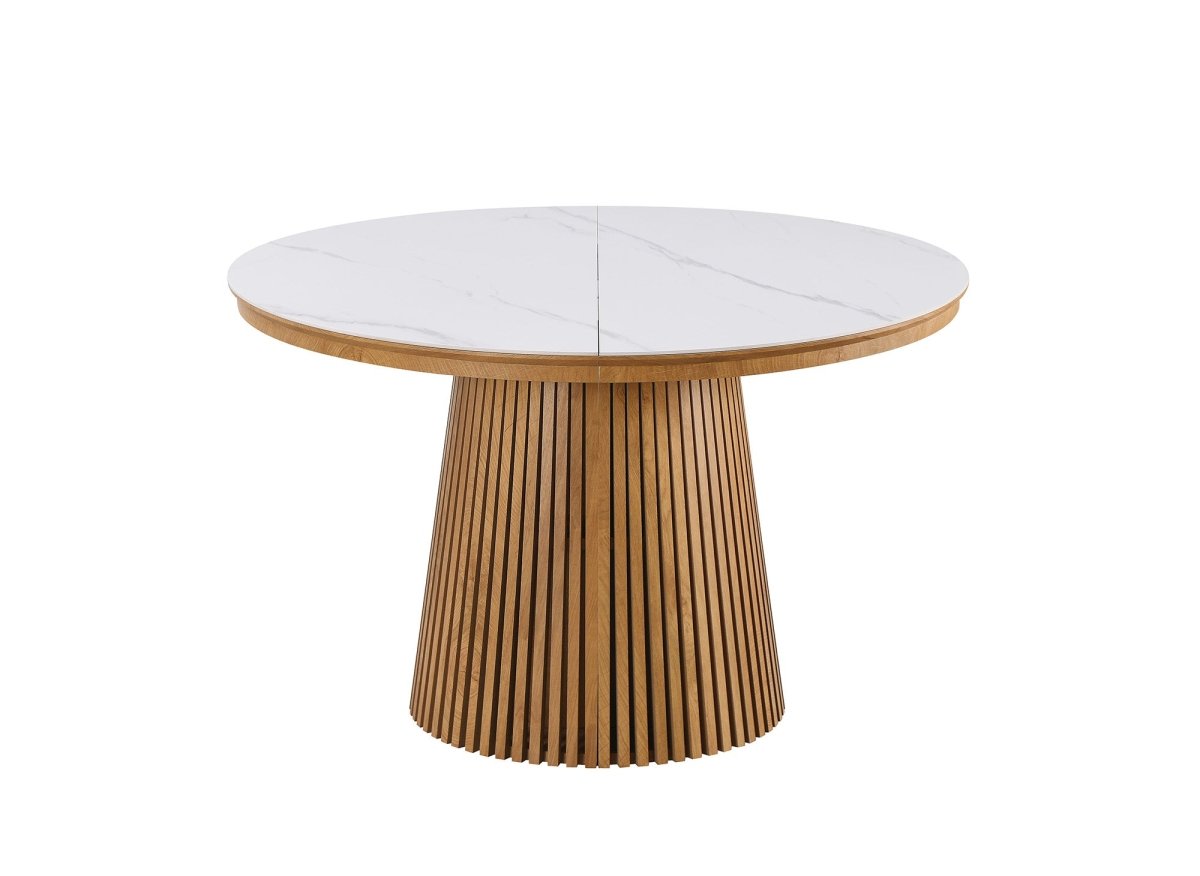 Table à manger ronde extensible en bois clair avec plateau en céramique blanc HEKA - DécoInParis