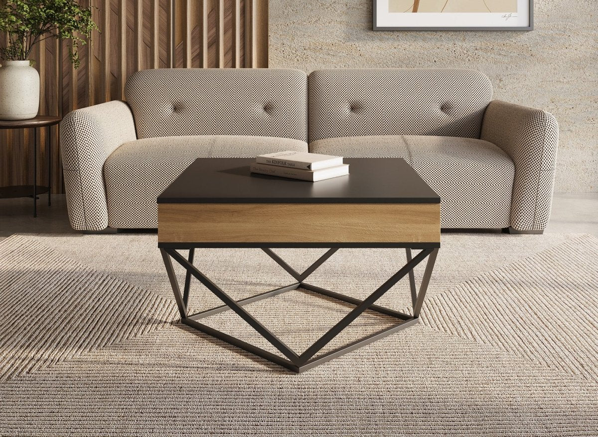 Table basse en bois avec plateau pivotant en verre trempé noir et pieds métal ZELIE - DécoInParis