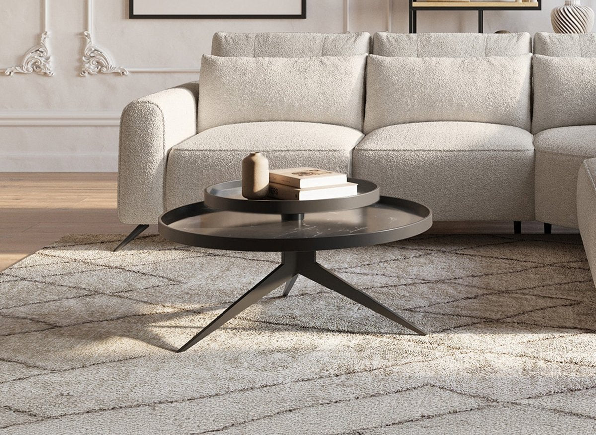 Table basse ronde 2 plateaux pivotants en céramique et métal noir MIRANY - DécoInParis