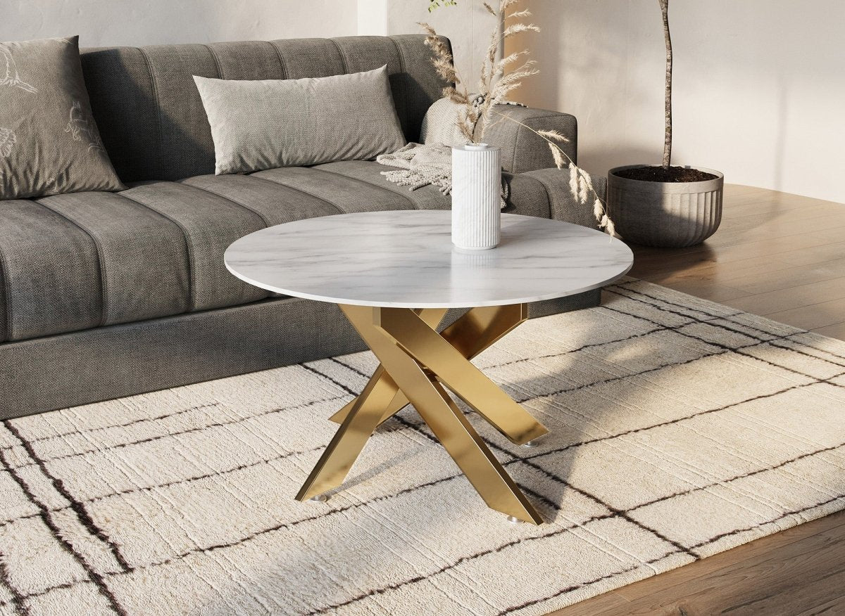 Table basse ronde design verre marbré et pieds dorés MELISSA - DécoInParis