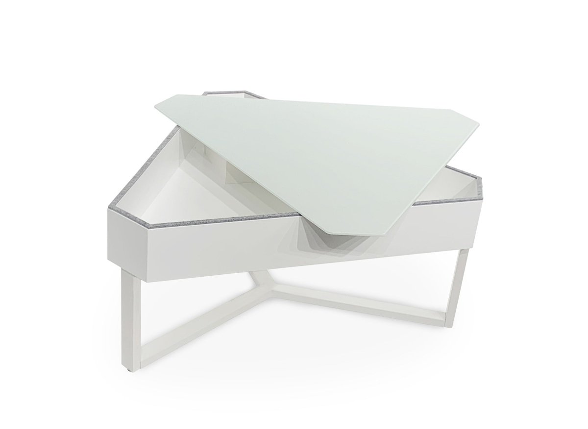 Table basse triangulaire blanche avec plateau pivotant et rangement SOLINE - DécoInParis