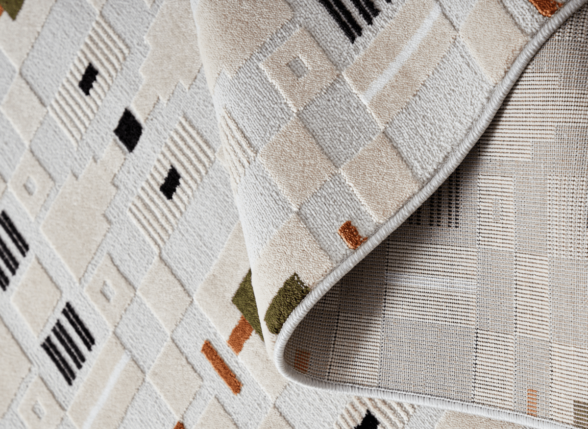 Tapis écru à motifs géométriques verts et orange 160 x 230 cm LOANE - DécoInParis