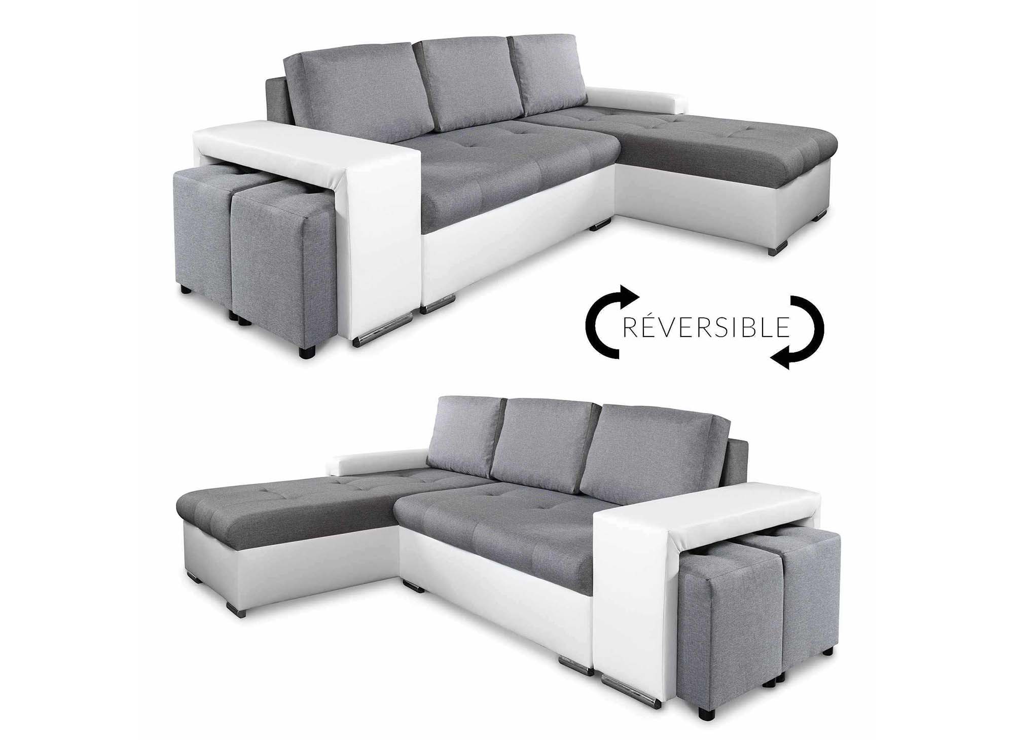 Canape D Angle Convertible Et Reversible Coffre De Rangement Et 2 Poufs En Tissu Gris Et Simili 