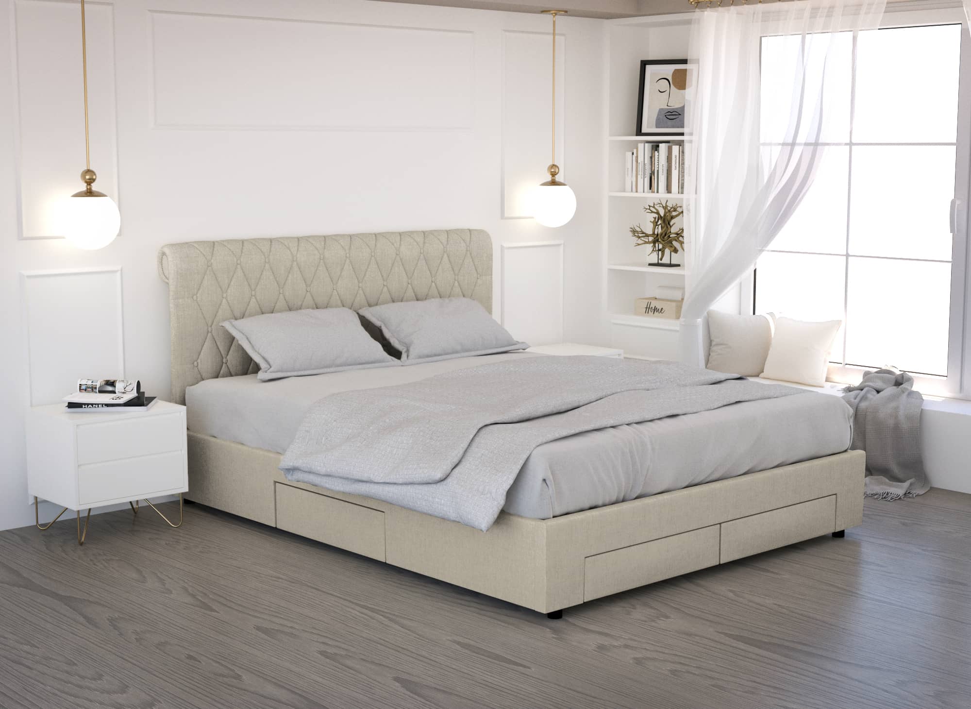 Lit avec tête de lit rangements et tiroirs - 140 x 190 cm - Coloris :  Naturel et blanc + Sommier + Matelas - LEANDRE
