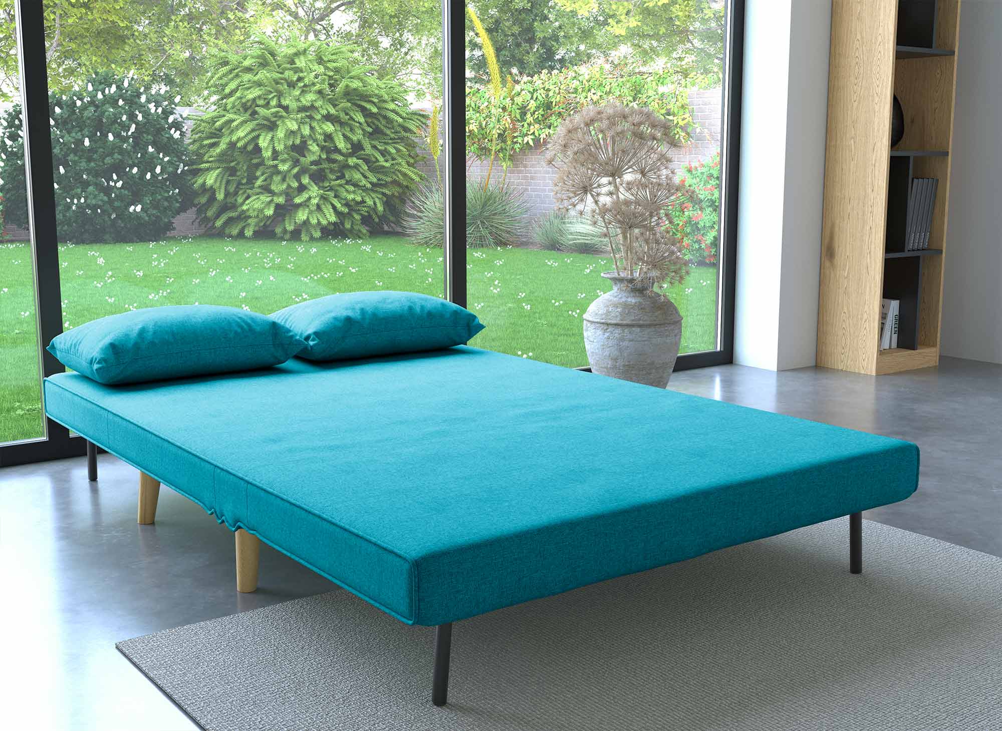 Banquette convertible 2 places en tissu bleu turquoise TONKA