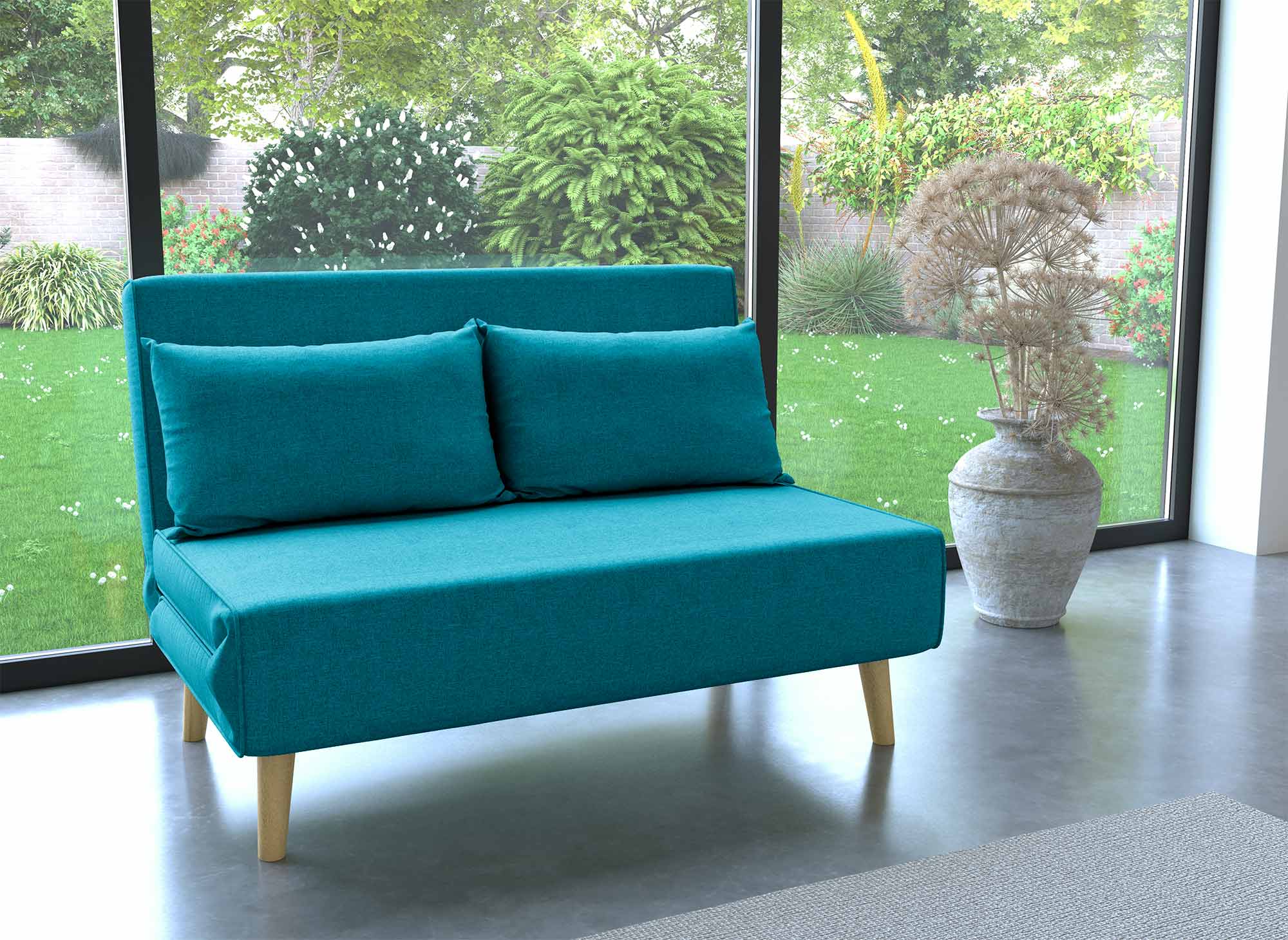 Banquette convertible 2 places en tissu bleu turquoise TONKA