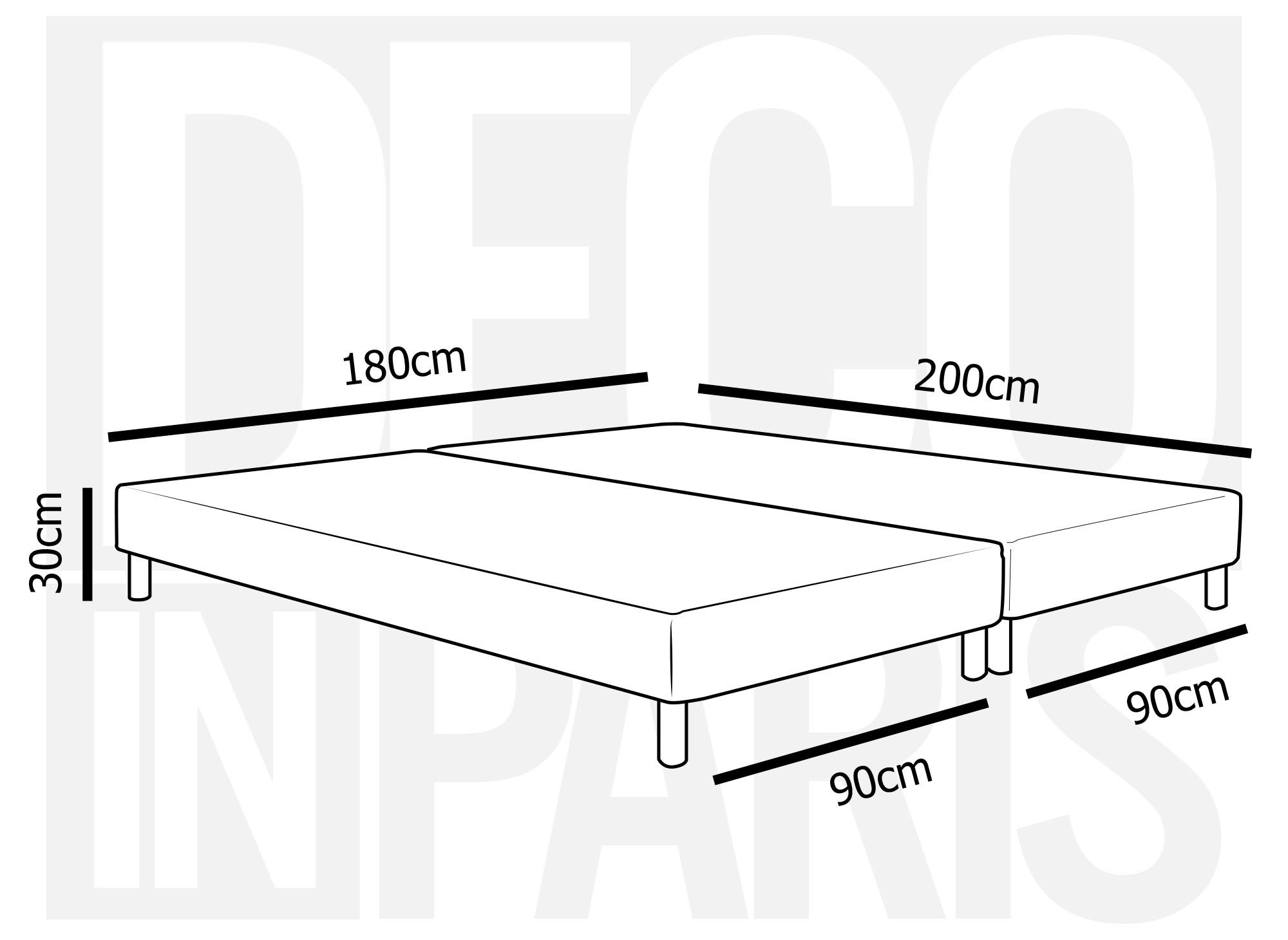 Sommier tapissier gris 180 x 200 cm + 8 pieds en bois (2x 90x200cm) ELLY