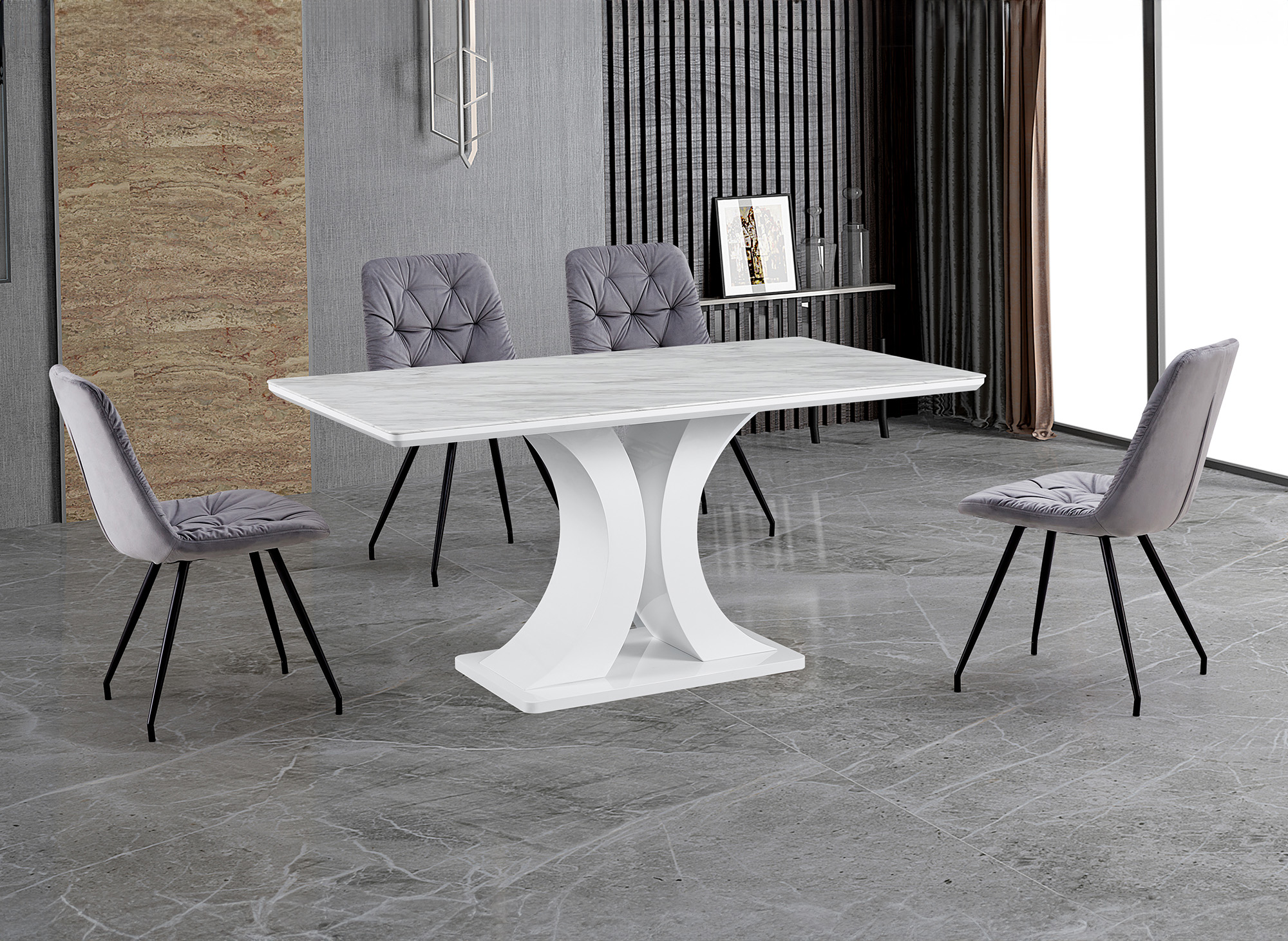 Table à manger rectangulaire design effet marbre blanc et argenté