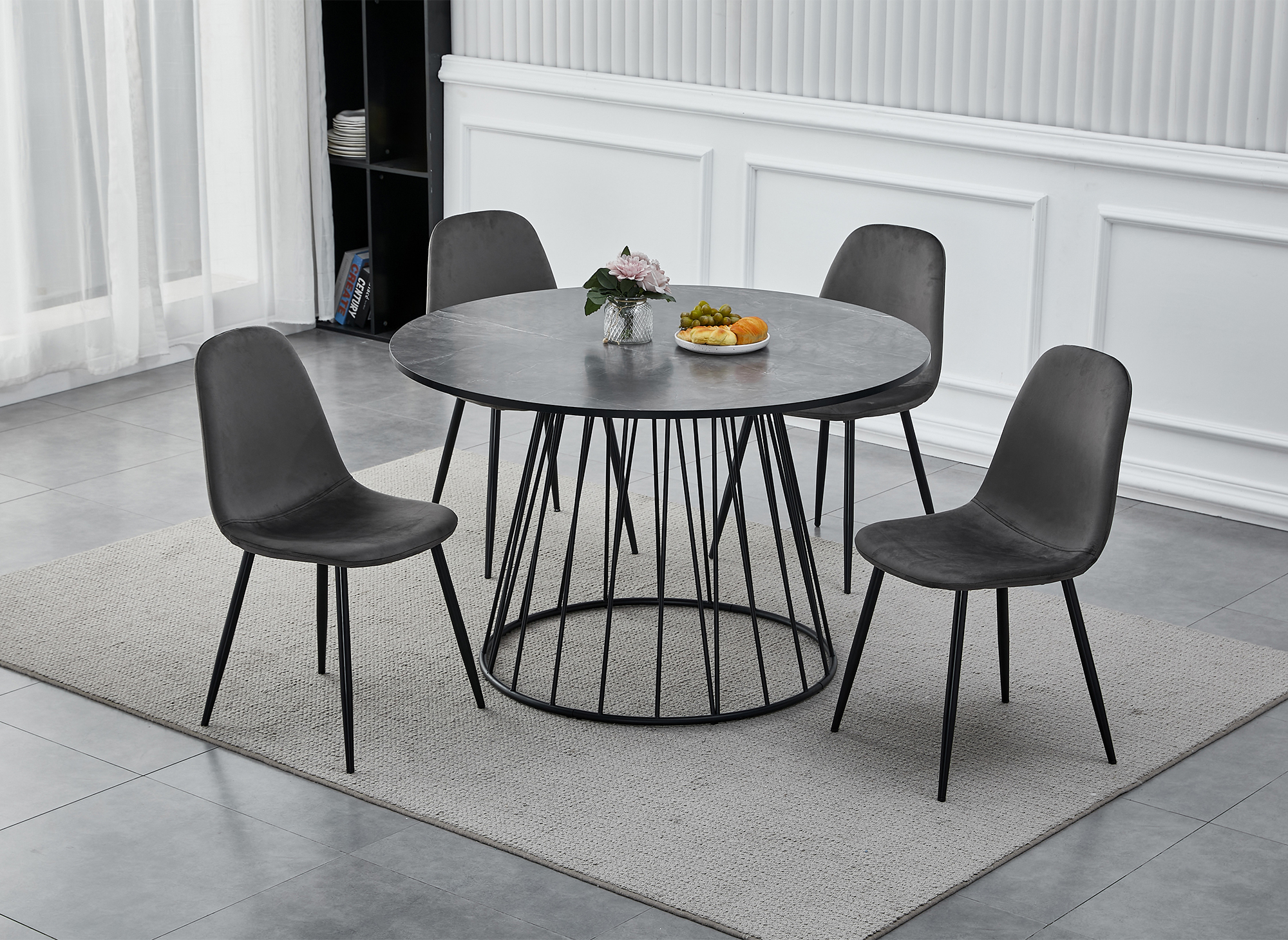 Table à manger ronde effet marbre gris pied central design en métal noir  STELLA