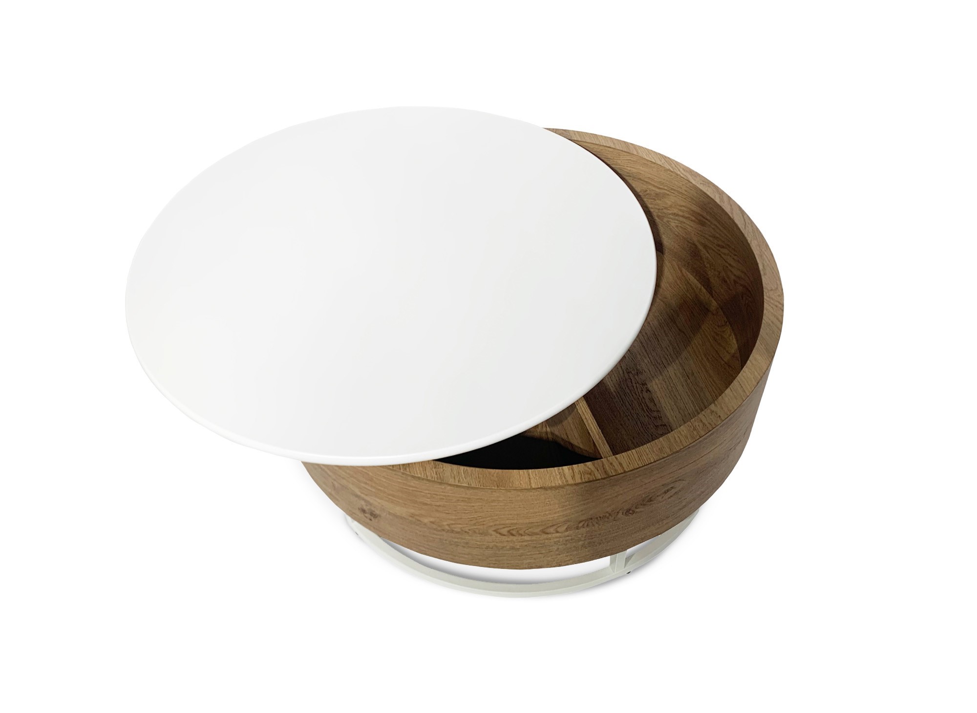 Table basse ronde avec plateau pivotant et rangement en bois et métal blanc BELYA