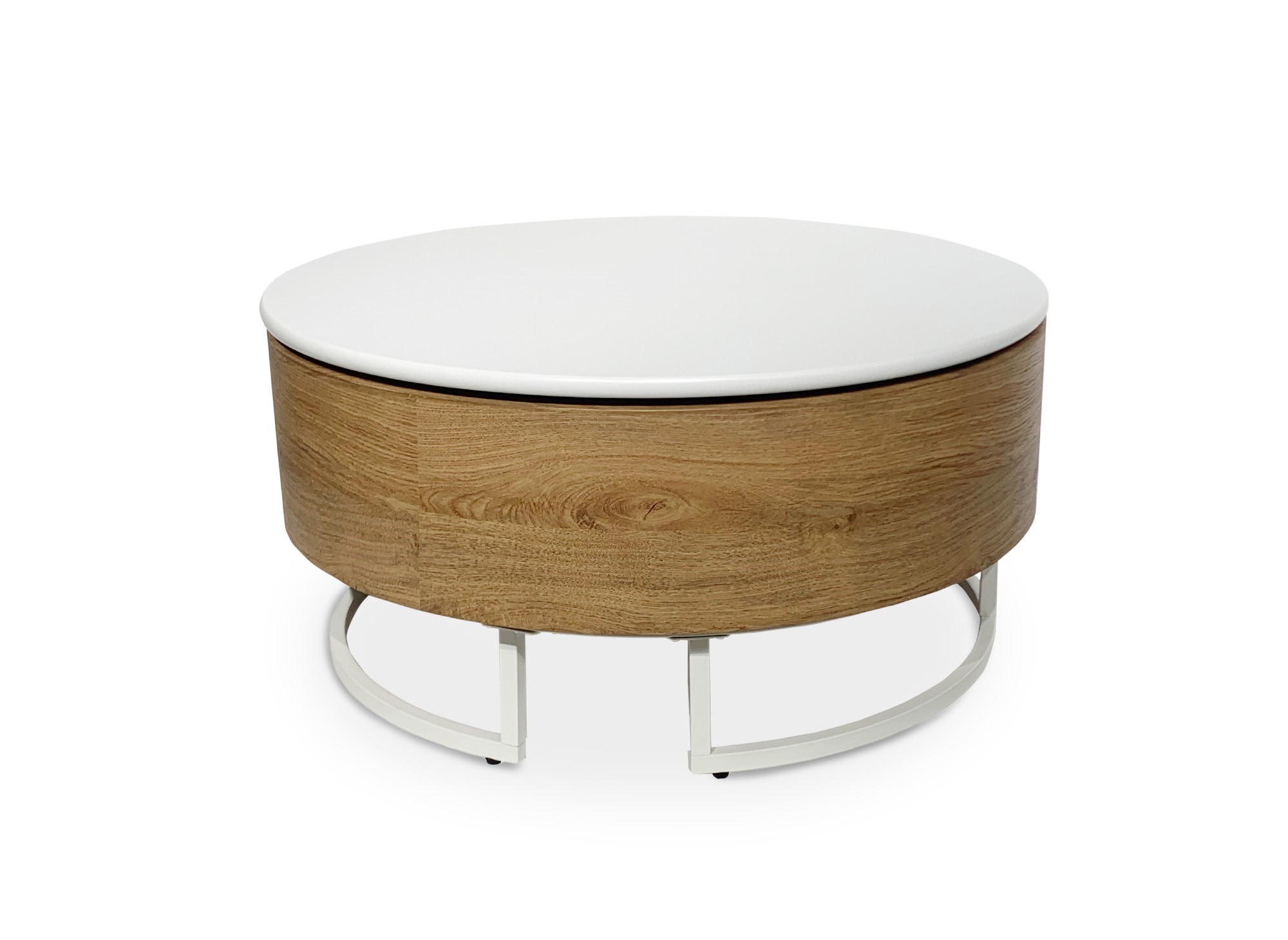 Table basse ronde avec plateau pivotant et rangement en bois et métal blanc BELYA