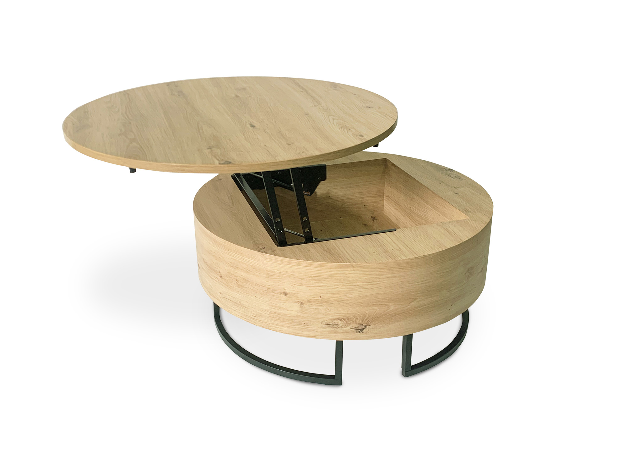 Table basse en bois avec plateau relevable et rangement pieds en métal noir BILLIE