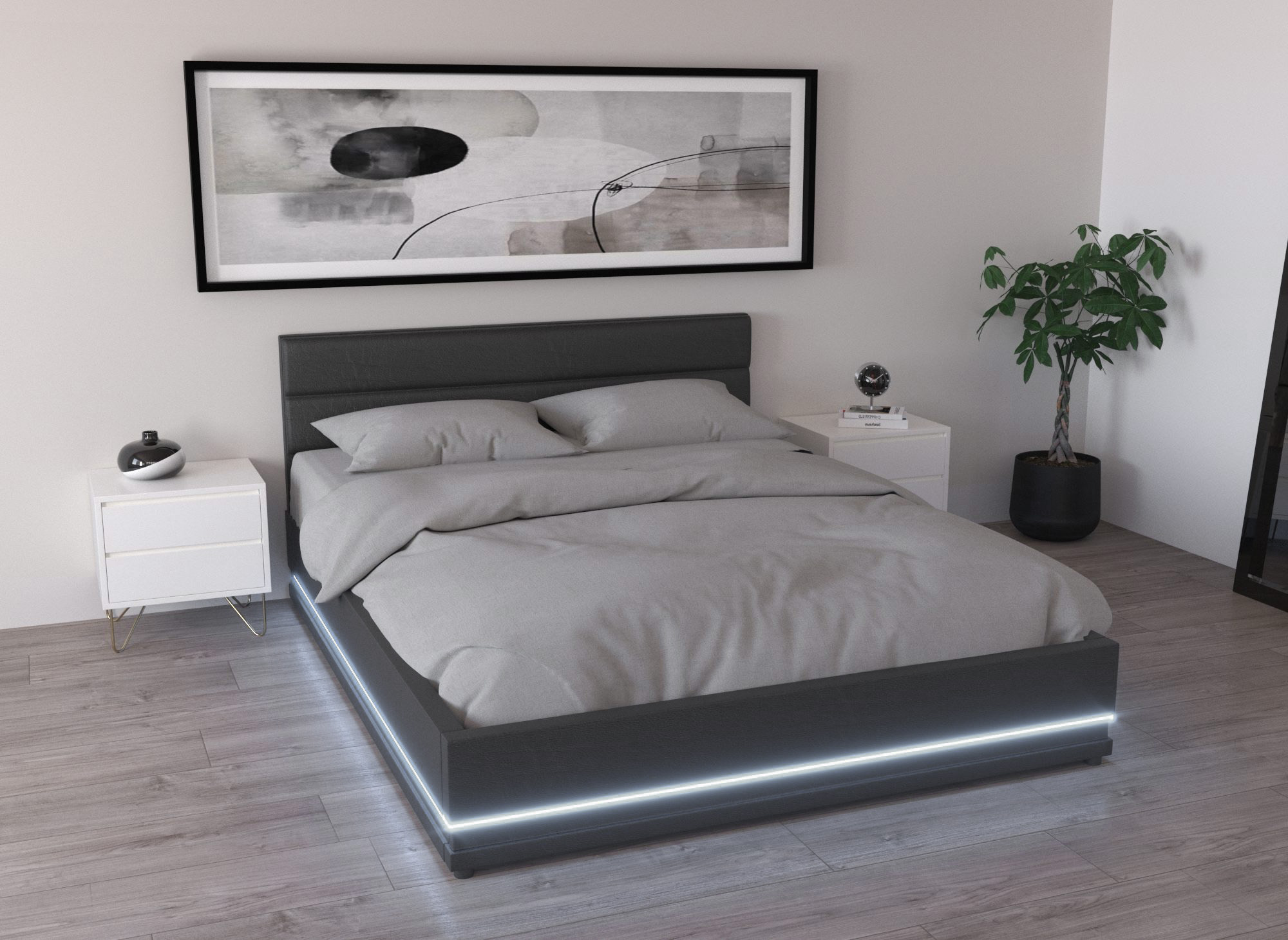 Lit coffre en simili cuir noir avec LED 160x200 cm ELENCE