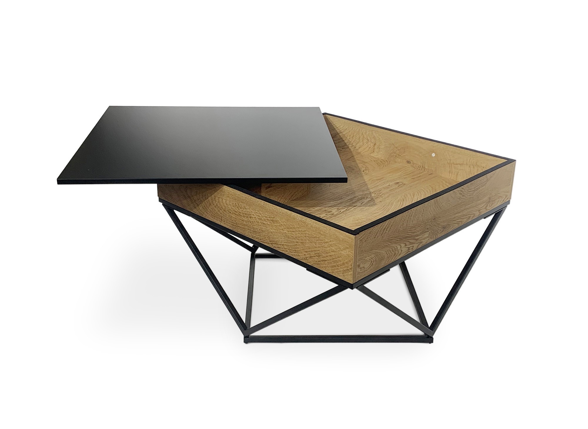 Table basse en bois avec plateau pivotant en verre trempé noir et pieds métal ZELIE