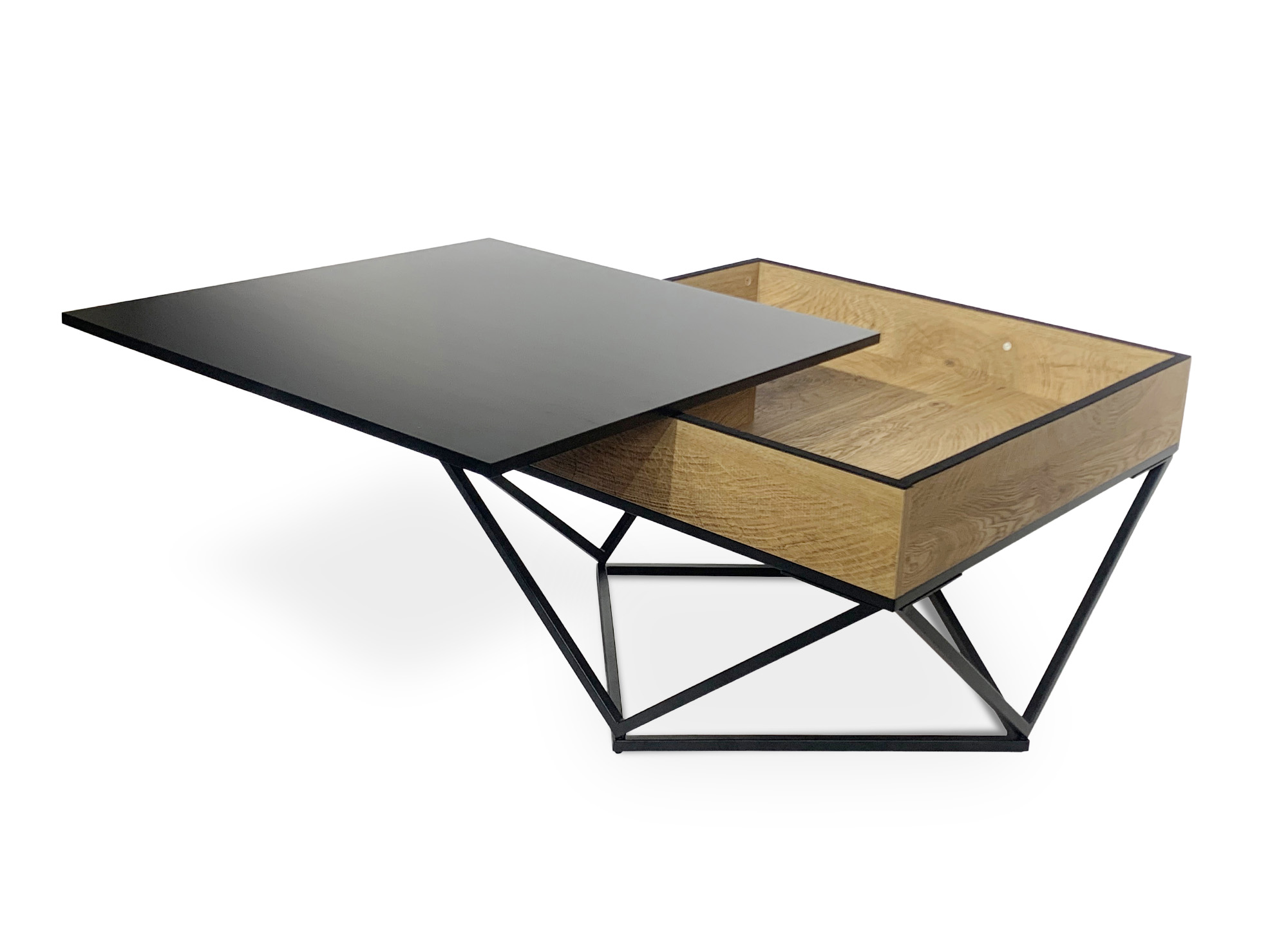 Table basse en bois avec plateau pivotant en verre trempé noir et pieds métal ZELIE