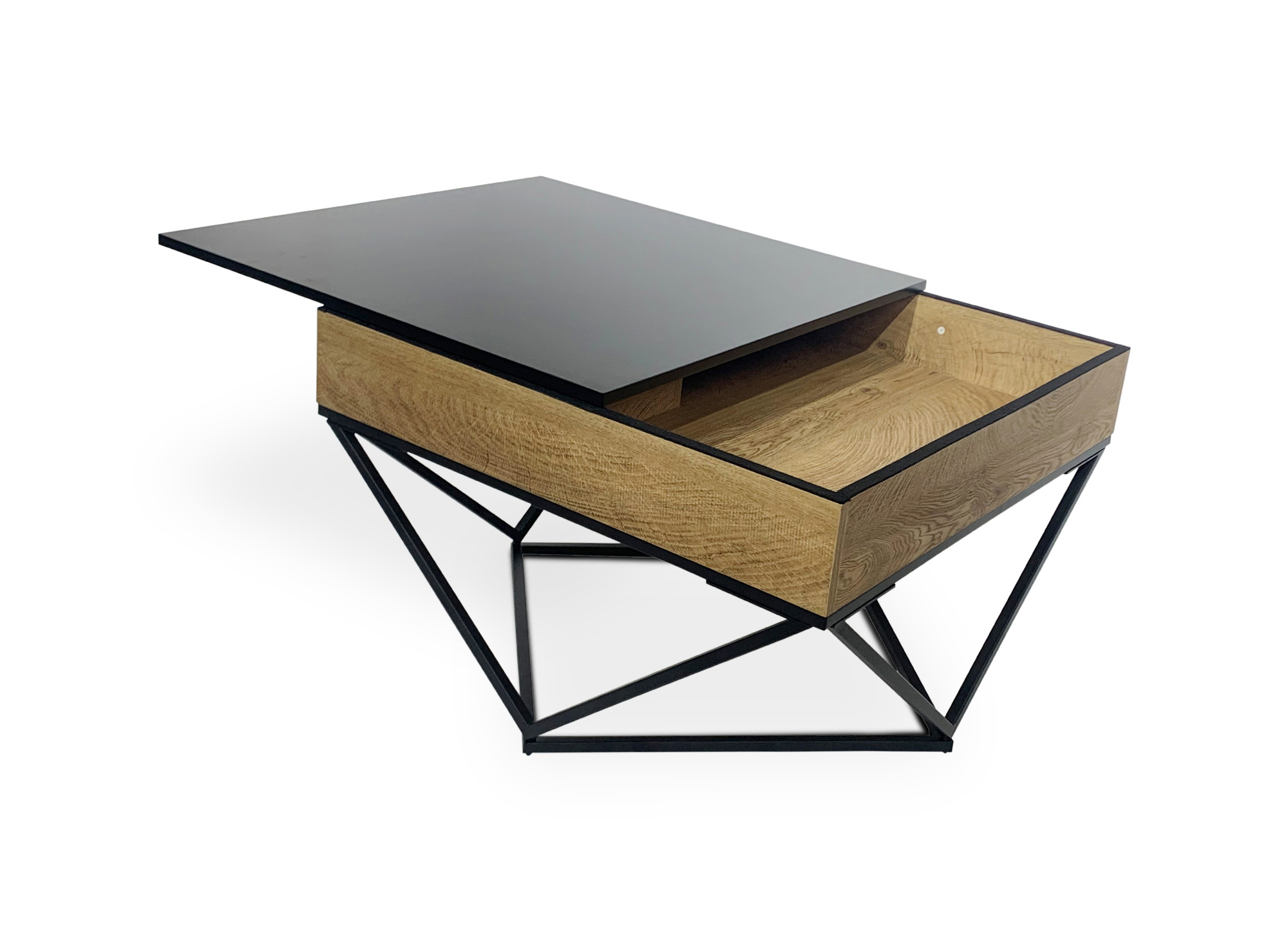 Table basse en bois avec plateau pivotant en verre trempé noir et pieds métal ZELIE