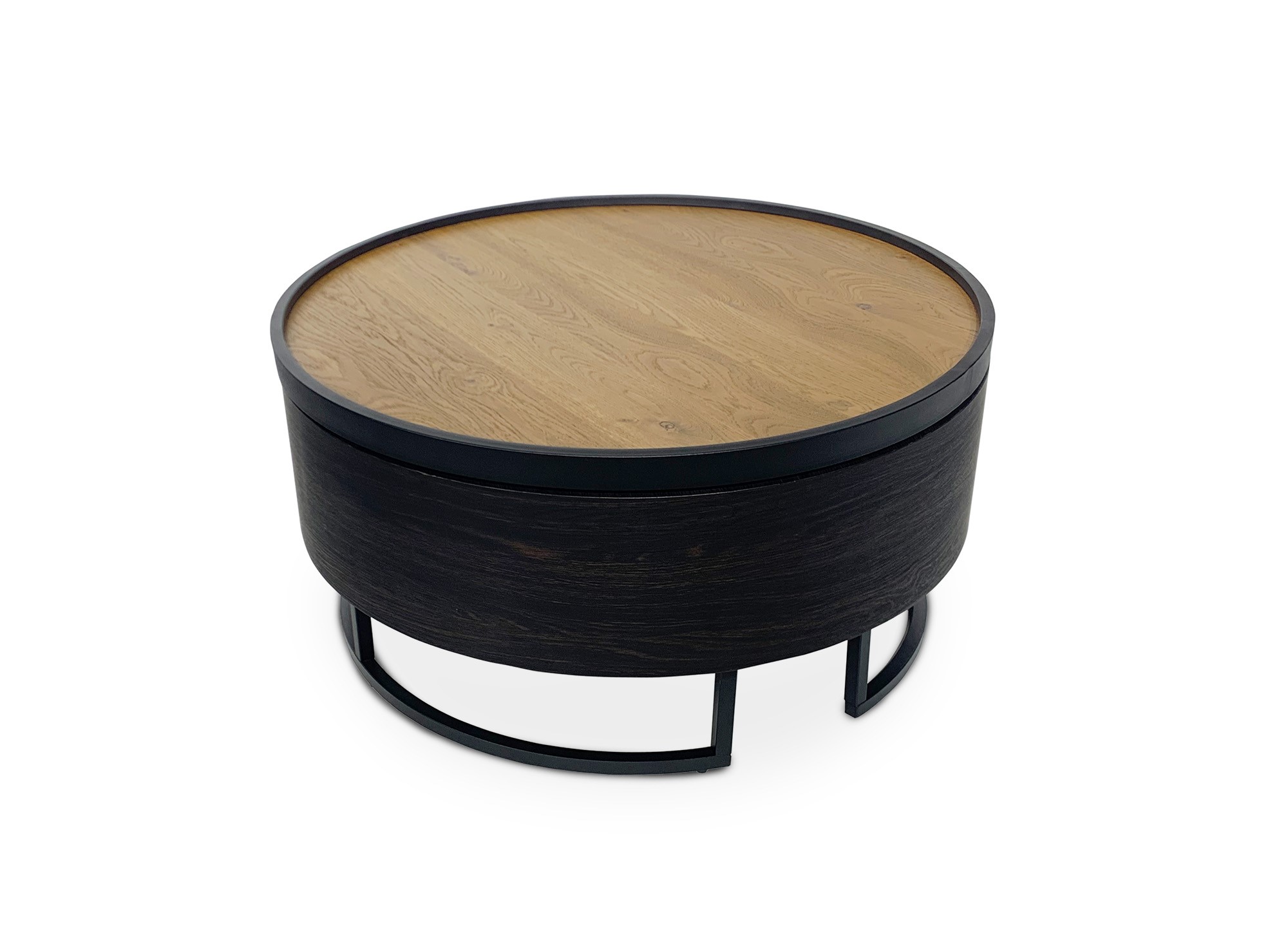 Table basse ronde avec plateau pivotant et rangement en bois et métal noir THELIO