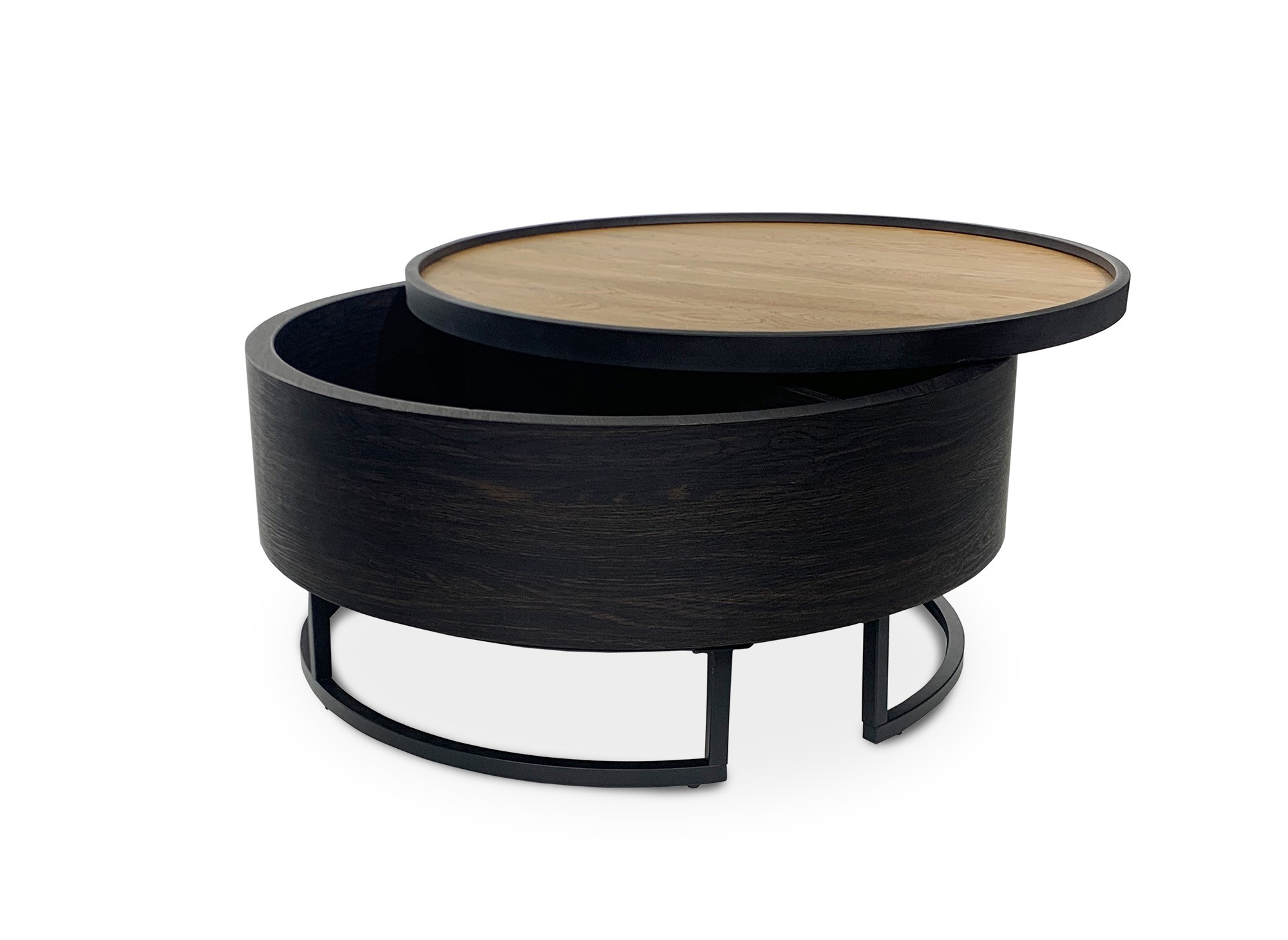 Table basse ronde avec plateau pivotant et rangement en bois et métal noir THELIO