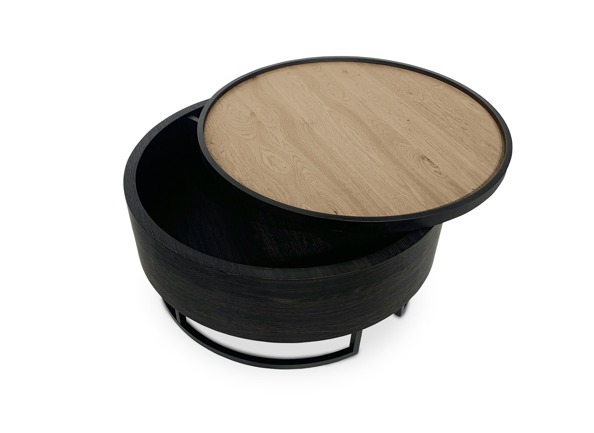 Table basse ronde avec plateau pivotant et rangement en bois et métal noir THELIO