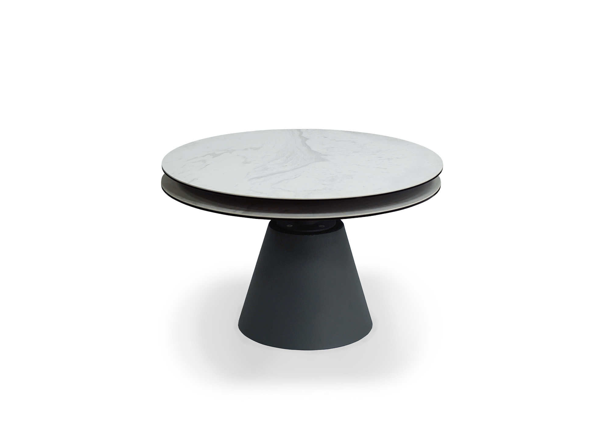 Table basse ronde à plateau pivotant en verre trempé et céramique effet marbre blanc SELENIA