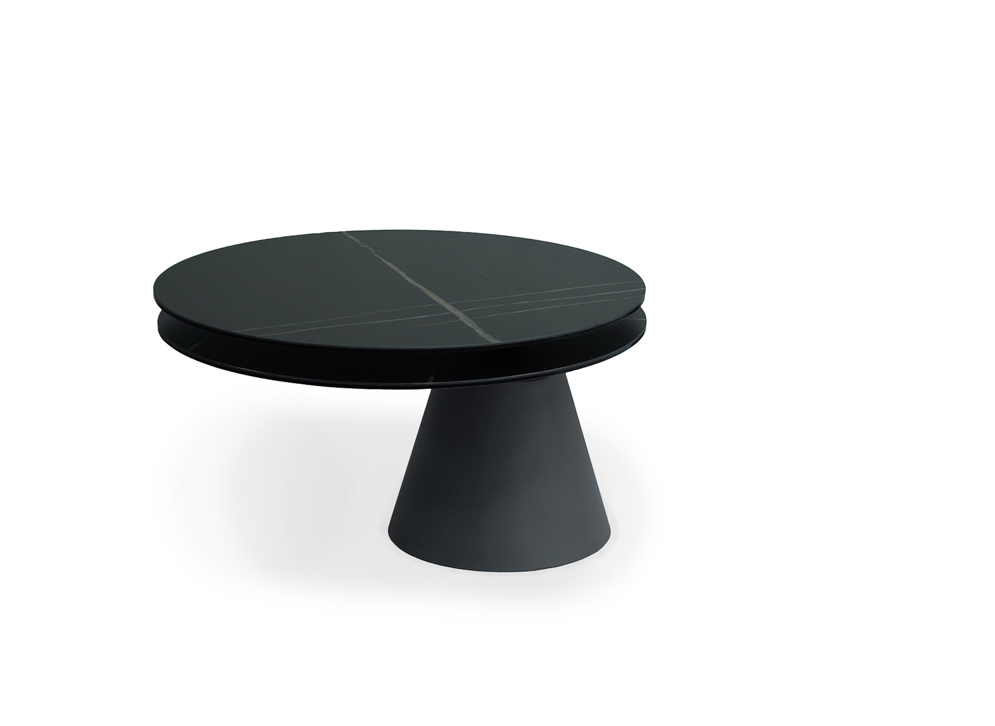 Table basse ronde à plateau pivotant en verre trempé et céramique effet marbre noir SELENIA