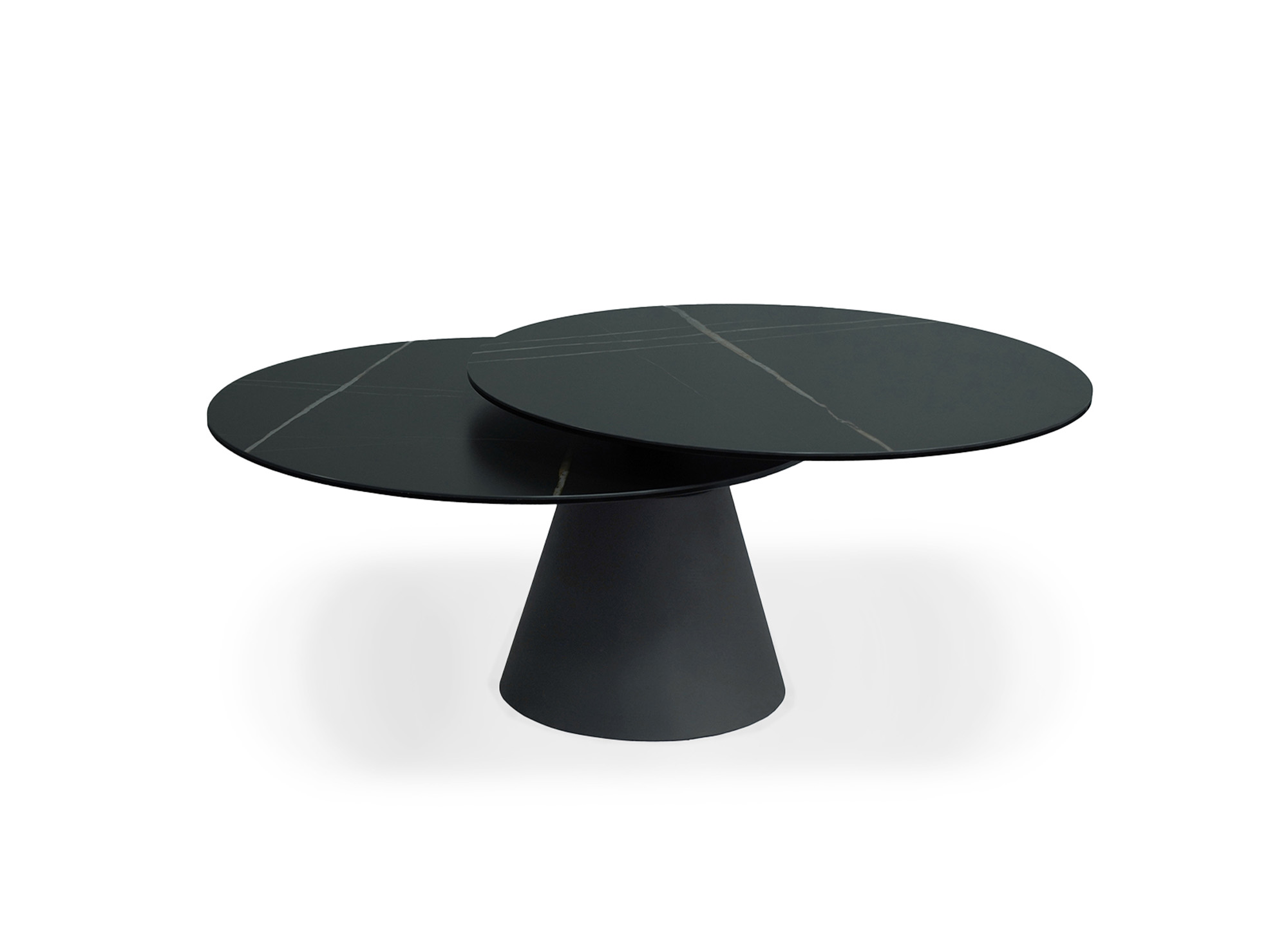 Table basse ronde à plateau pivotant en verre trempé et céramique effet marbre noir SELENIA