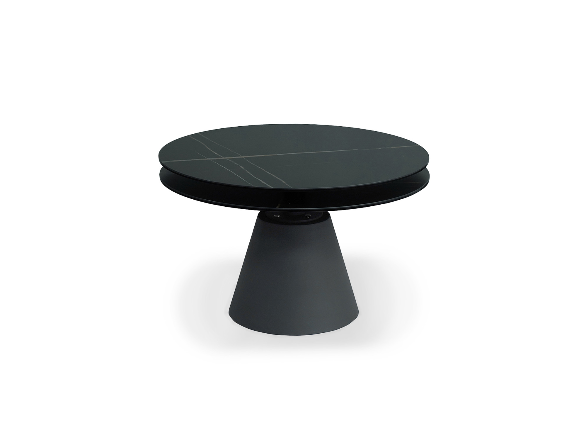 Table basse ronde à plateau pivotant en verre trempé et céramique effet marbre noir SELENIA